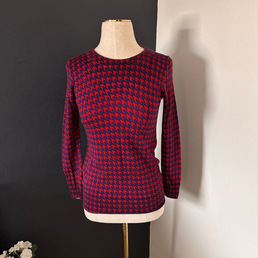 J. Crew Red and Navy Houndstooth Crewneck Sweater